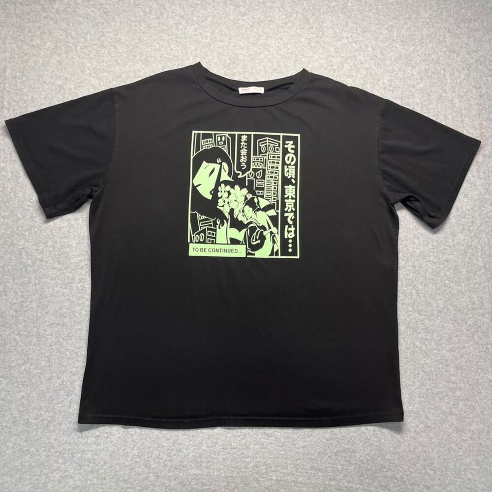 ROMWE Black Japanese Manga Graphic T Shirt Lime Green Anime Streetwear Size L
